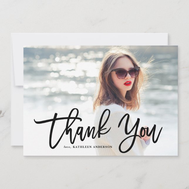 Black Modern Calligraphy Photo Graduation Thank You Card (Front)