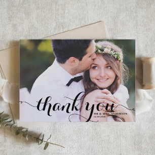 Black Modern Calligraphy Photo Wedding Thank You Card