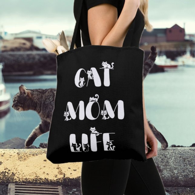 Black Modern Cat Mum Life Cute Mother's Day  Tote Bag (Creator Uploaded)