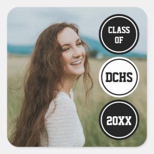 Black Modern Circles Photo Graduation Square Sticker
