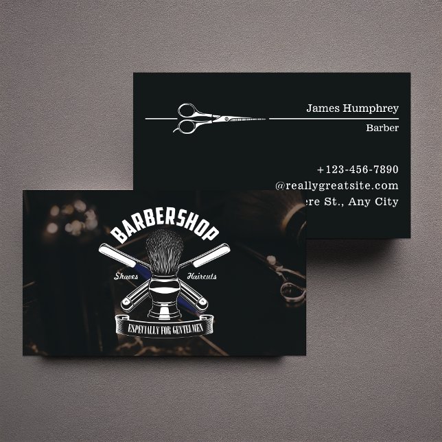Black Modern Classic Hair Stylist Barbershop Business Card (Creator Uploaded)