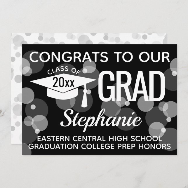 Black Modern Confetti Bokeh Bubbles Graduation Invitation (Front/Back)