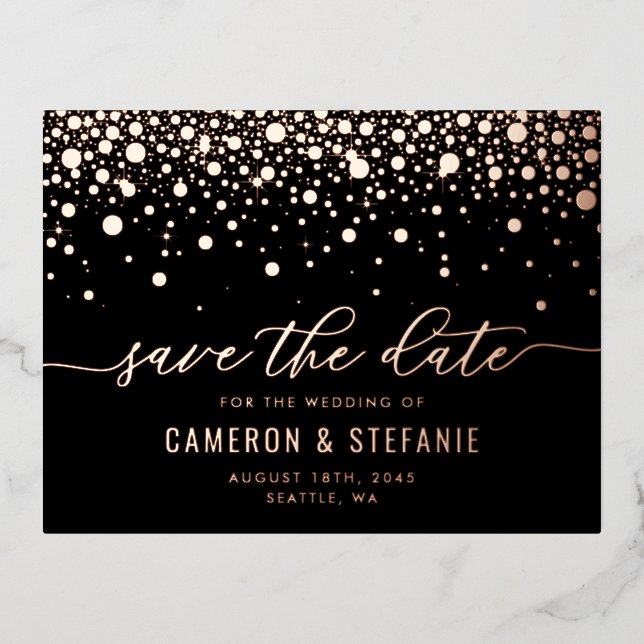Black Modern Confetti Rose Gold Save the Date Foil Invitation Postcard (Front)