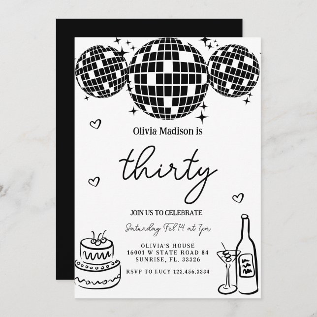 Black Modern Disco Ball 30rd Birthday Party Invitation (Front/Back)