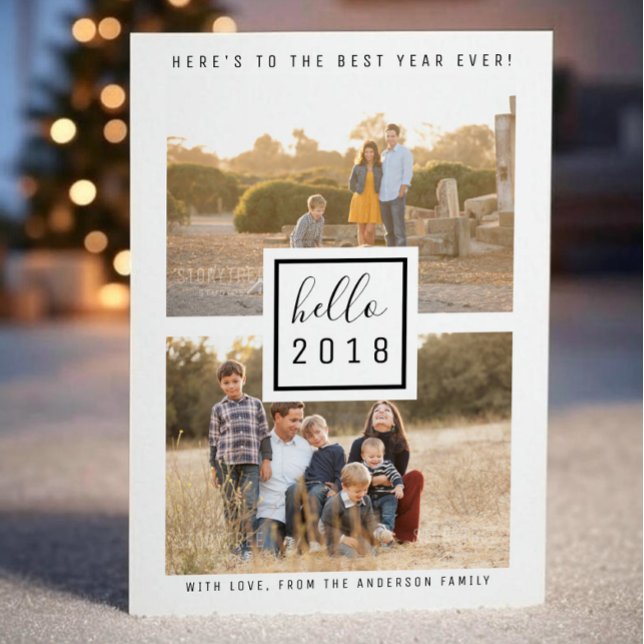 Black Modern Double Photo New Year's Flat Card (Black Modern Double Photo New Years Flat Card)