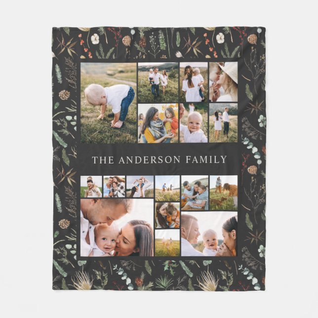 black modern elegant 17 photo botanical pampas fleece blanket (Front)