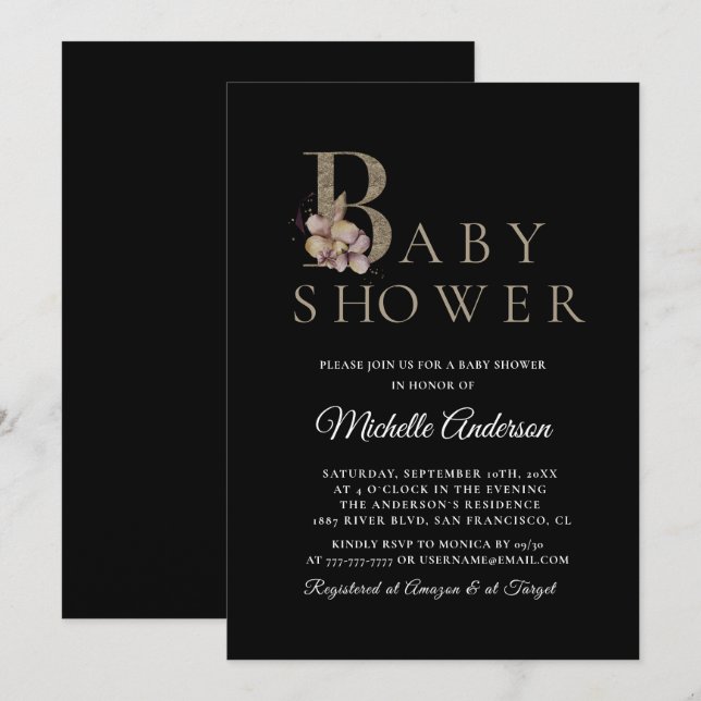 Black Modern Elegant Baby Shower Invitation (Front/Back)
