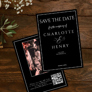 Black Modern Elegant Calligraphy Photo QR Code Save The Date