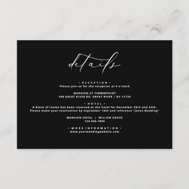 Black Modern Elegant Calligraphy Wedding Details Enclosure Card (Front)
