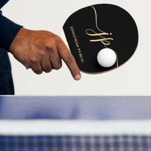 Black Modern Elegant Gold Name Initial Monogram Ping Pong Paddle