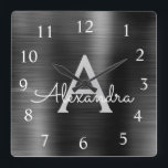 Black Modern Elegant Metallic Monogram Name Square Wall Clock<br><div class="desc">Modern and Elegant Black Faux Stainless Steel Foil Monogram Name and Initial Personalised Custom Wall Clock. The Wall Clock makes the perfect gift for someone who loves trendy chic metallic decor to give as a Christmas or Birthday Gift.</div>