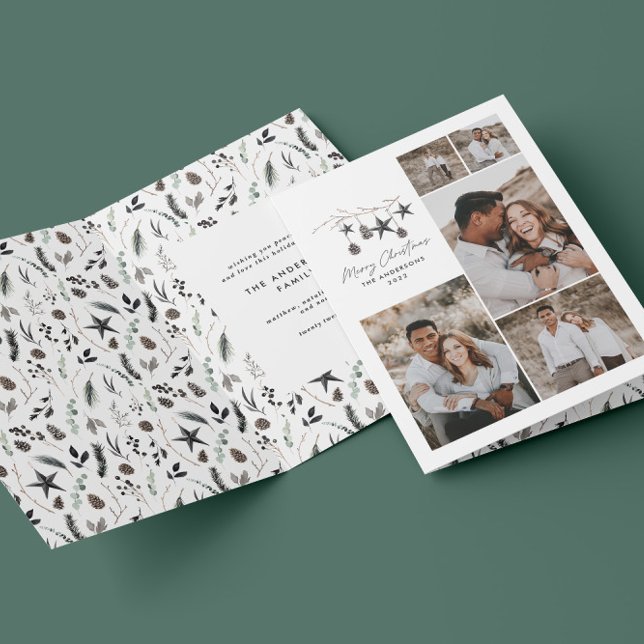 Black modern elegant script Christmas multi photo Holiday Card (Creator Uploaded)