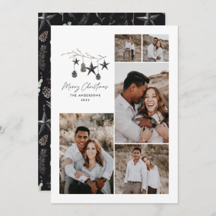 Black modern elegant script Christmas multi photo  Holiday Card