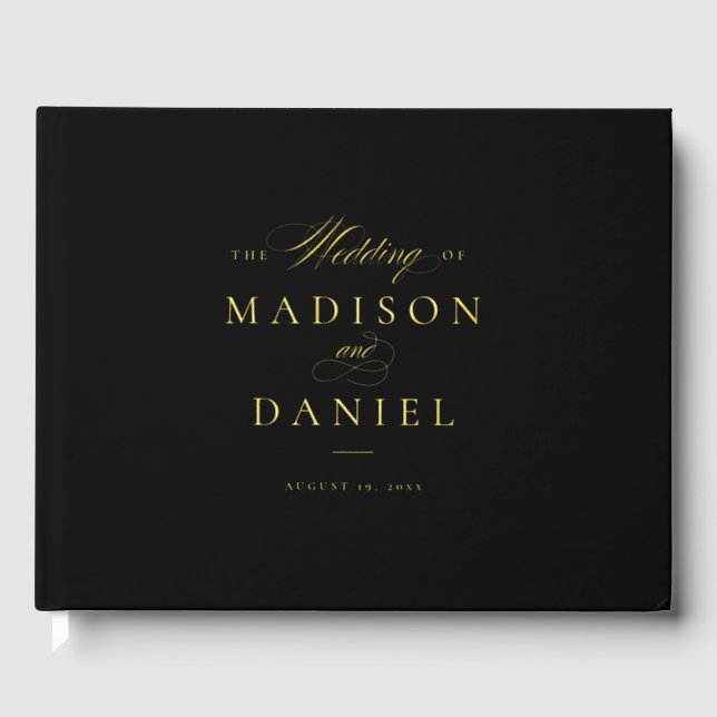 Black Modern Elegant Script Classic Wedding Guest Book (Front)