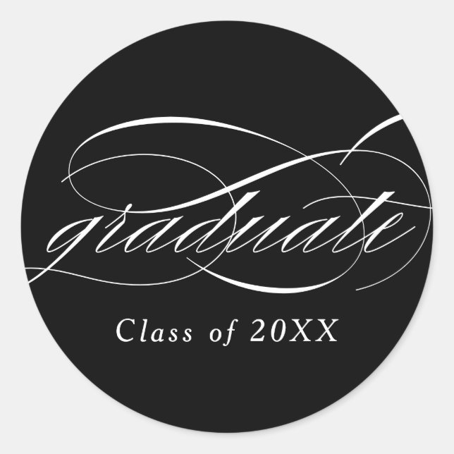 Black Modern Elegant Script Graduation Classic Round Sticker (Front)