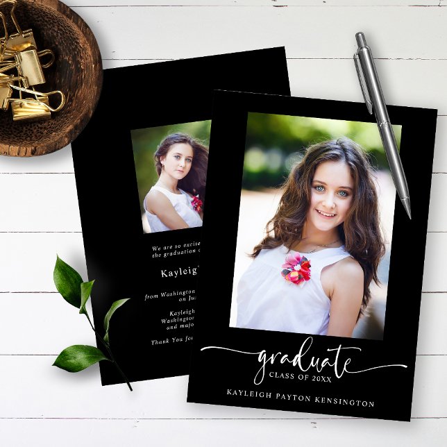 Black Modern Elegant Script Graduation Photo Announcement (Creator Uploaded)