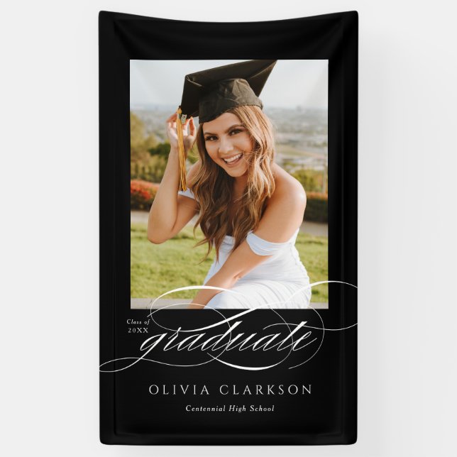 Black Modern Elegant Script Graduation Photo Party Banner (Vertical)