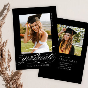 Black Modern Elegant Script Photo Graduation Party Invitation