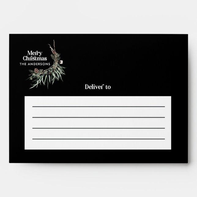 Black modern elegant watercolor botanical rustic h envelope (Front)