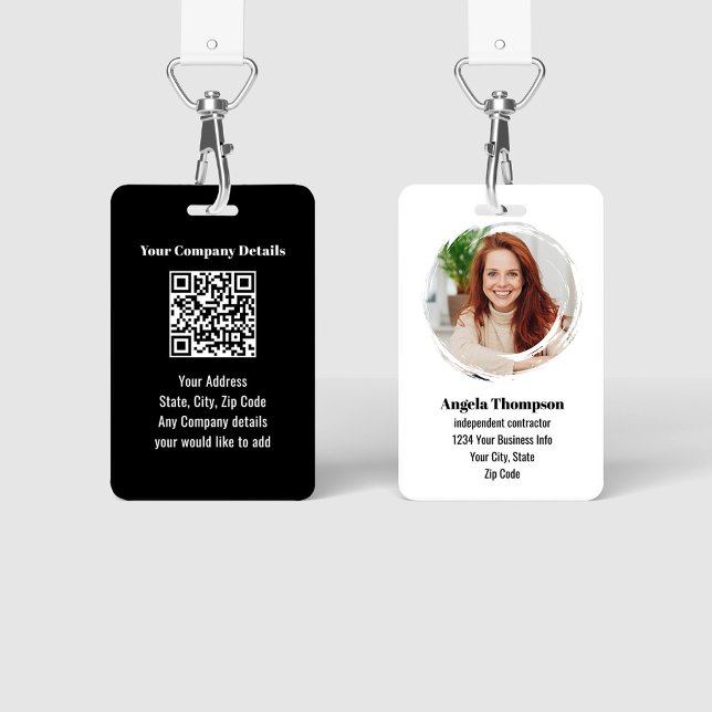 Black Modern Employee Photo QR Code Badge ID Badge (Black and white modern business ID badge. with photo and QR code.)