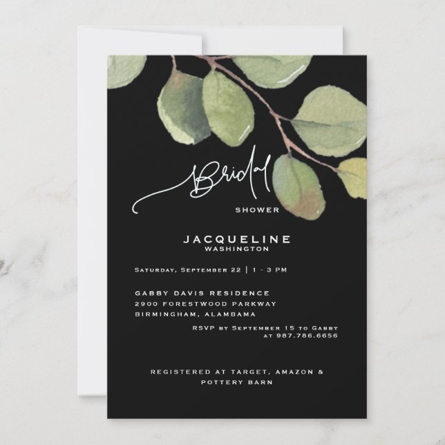Black Modern Eucalyptus Bridal Shower Invitation (Front)