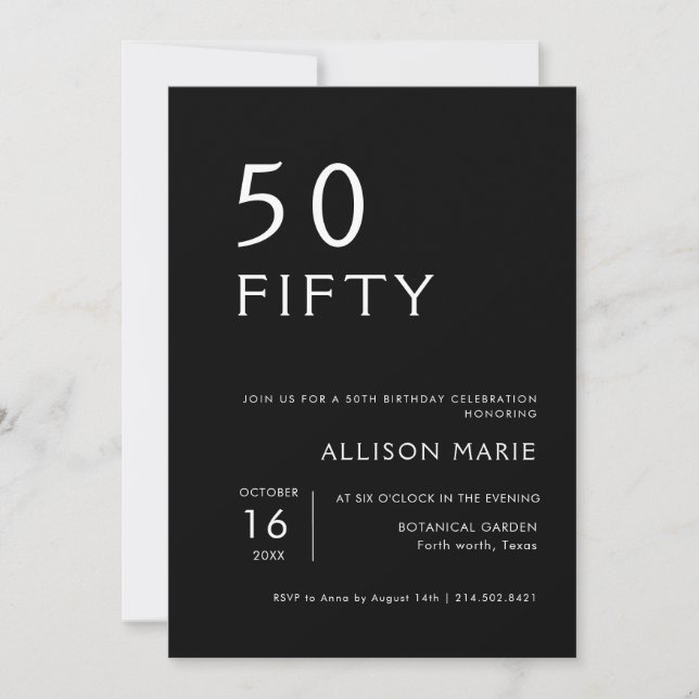 Black Modern Fifty 50th Birthday Party Invitation (Front)