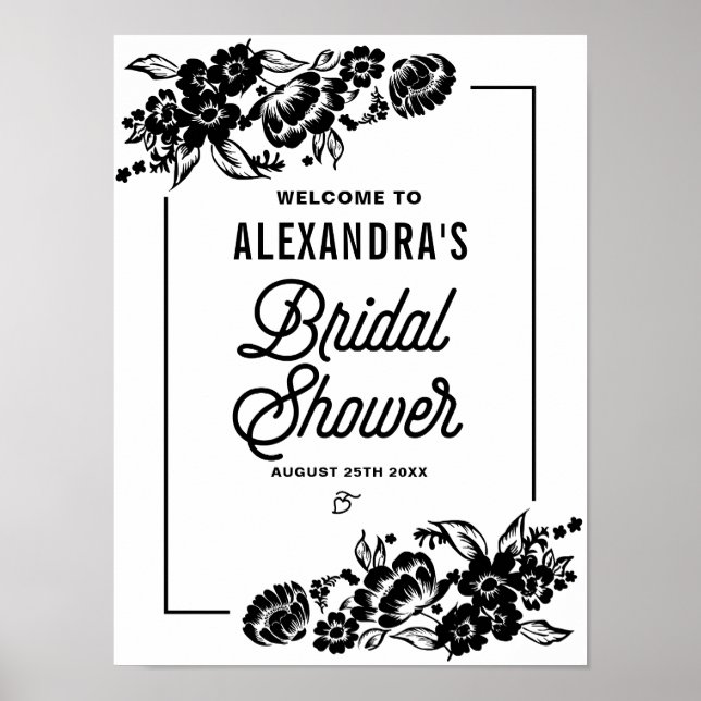 Black Modern Floral Accents Bridal Shower Sign (Front)