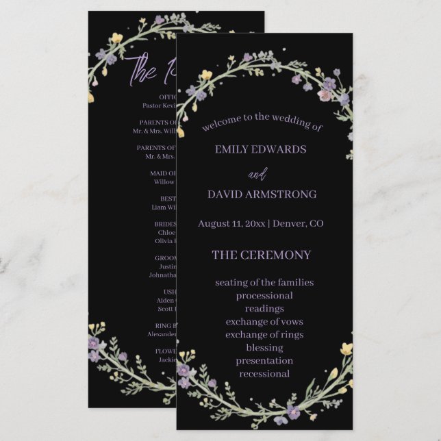 Black Modern Floral Boho Wedding Program (Front/Back)
