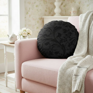 Black Modern Floral Velvet Round Cushion