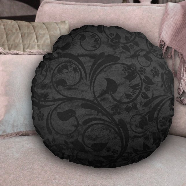 Black Modern Floral Velvet Round Cushion (Creator Uploaded)