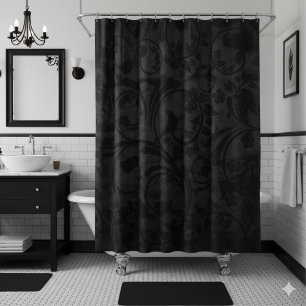 Black Modern Floral Velvet Shower Curtain