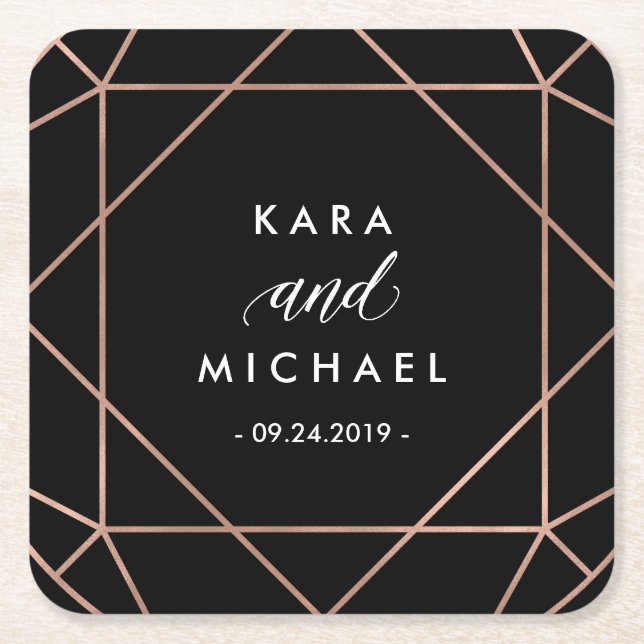 Black Modern Geometric Diamond Wedding Square Paper Coaster (Front)