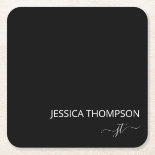 Black Modern Girly White Simple Monogram Name Tri Square Paper Coaster