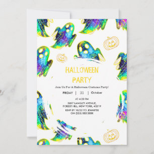 Black   Modern Glitter Pumpkin Ghost Halloween Invitation