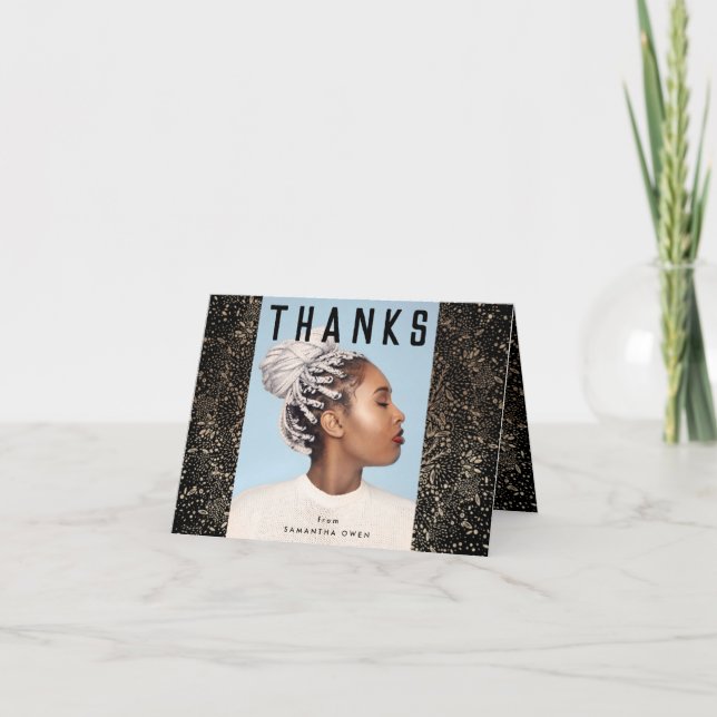 Black Modern Gold Foil Botanicals Grad Photo Thank You Card (Front)
