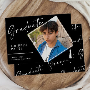 Black Modern Graduation Cap Photo Graduation Announcement