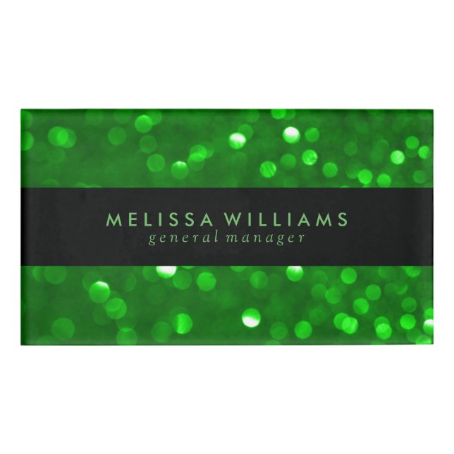 Black & Modern Green Bokeh Glitter Texture Name Tag (Front)