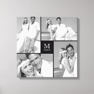Black Modern Grid Monogram Wedding 4 Photo Collage Canvas Print