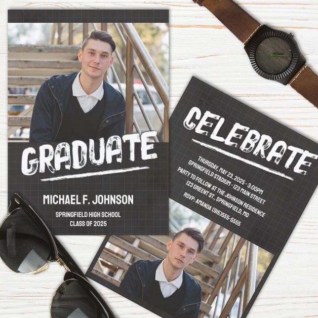 Black Modern Grunge Photo Invitation (Masculine Graduation Announcement)