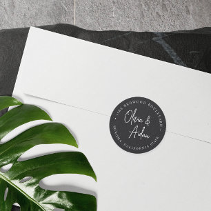 Black Modern Handwritten Wedding Return Address Classic Round Sticker