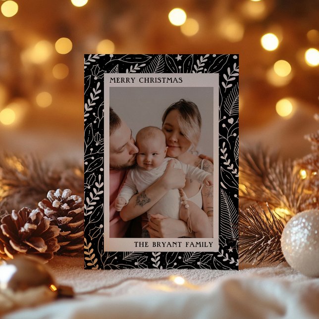 Black Modern Holly and Leaves Artwork Frame Holiday Card (Creator Uploaded)