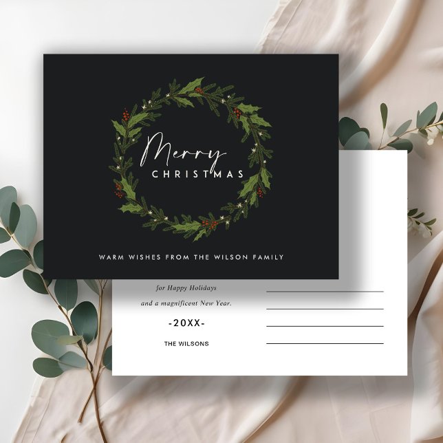 BLACK MODERN HOLLY BERRY WREATH MERRY CHRISTMAS HOLIDAY POSTCARD (Creator Uploaded)