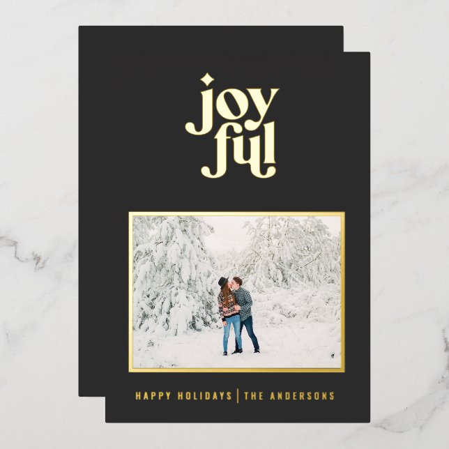 black modern joyful 1 photo  foil holiday card (Front/Back)