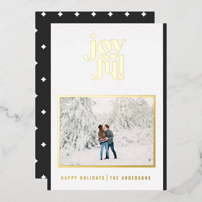 black modern joyful 1 photo  foil holiday card (Front/Back)