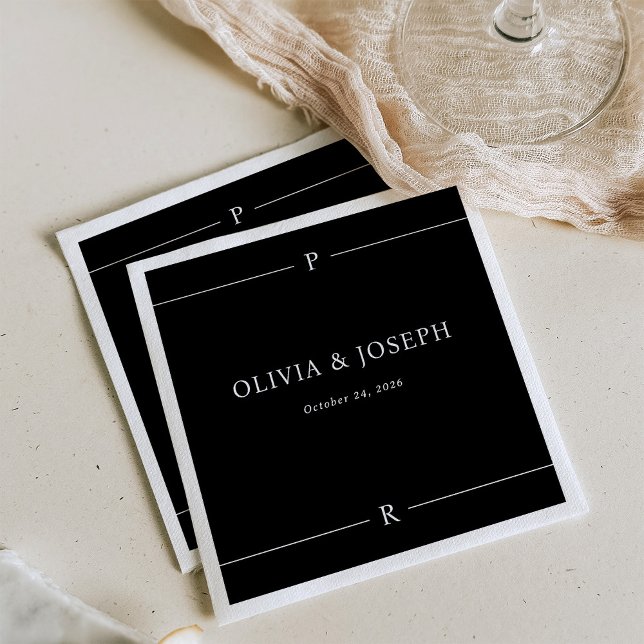 Black | Modern Lines and Monogram Wedding Napkin (Creator Uploaded)
