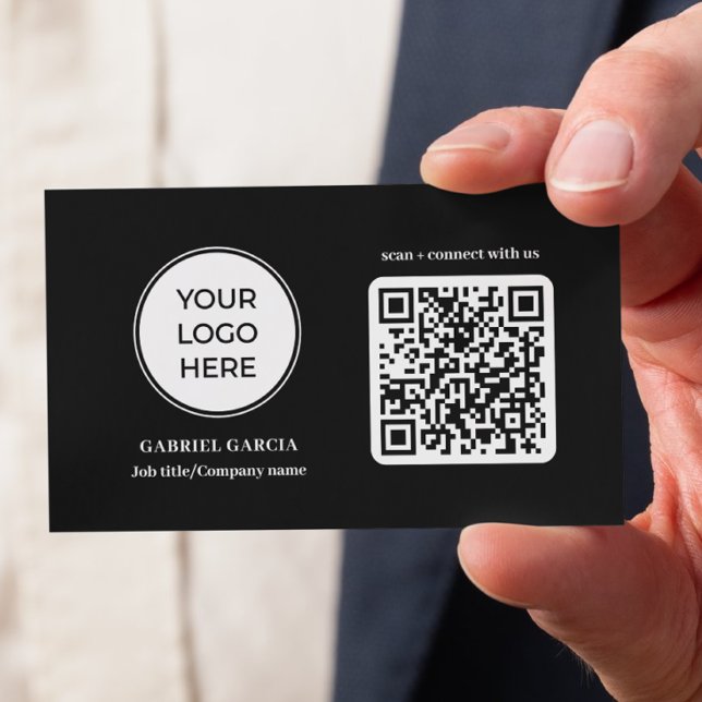 Black Modern Logo QR Code Business Card (Front side of card shown in 3.5 x 2.0 inch, add your company name and details on the backside.)