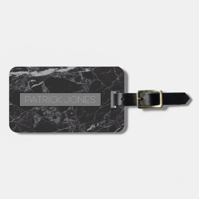 Black Modern Marble Custom Luggage Tag (Front Horizontal)