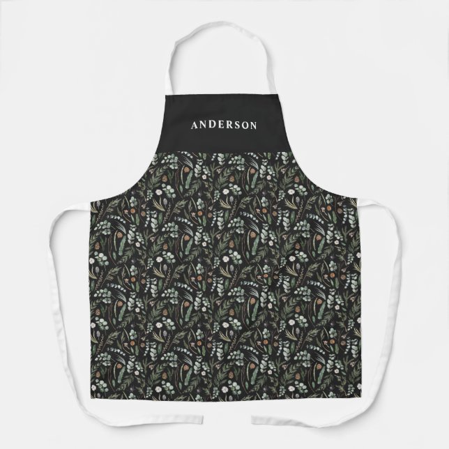 Black modern minimal botanical elegant personalise apron (Front)