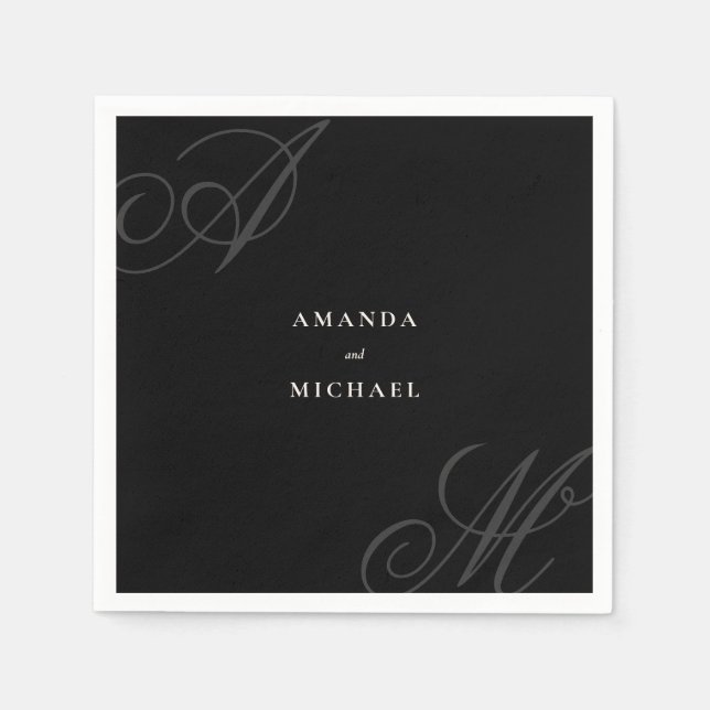 Black Modern Minimal Elegant Monogram Wedding Napkin (Front)