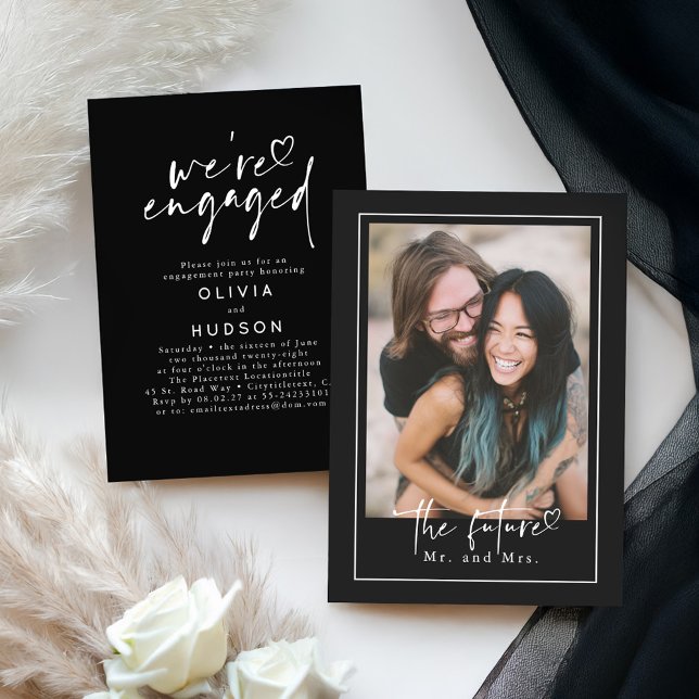 Black Modern Minimalist Engagement Party Photo Invitation (Engagement Party Photo Invitation Template)